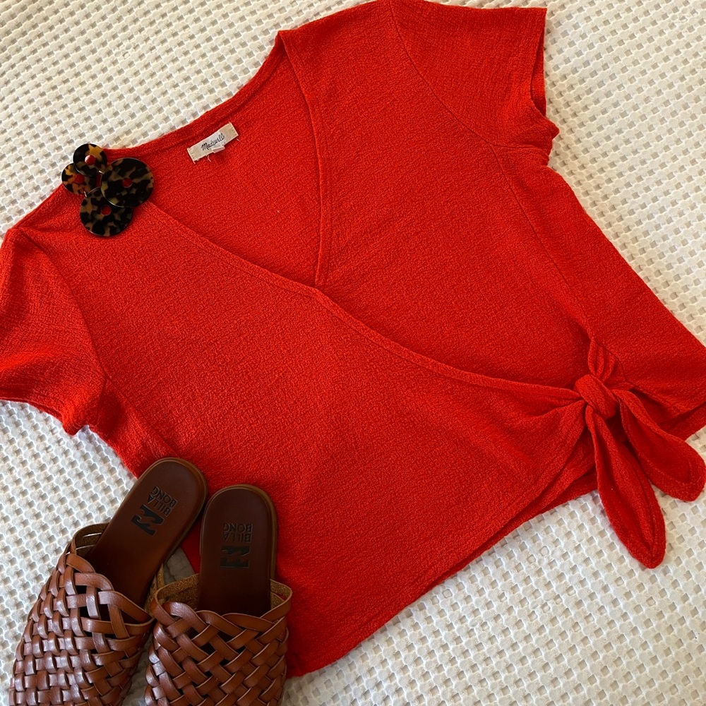 Madewell || Red Wrap Tie Crop Blouse - Picture 3 of 6